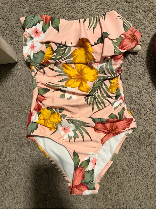 Kona Sol Other - Kona Sol Peach Floral Ruffle One-Piece Swimsuit with Yellow Blooms